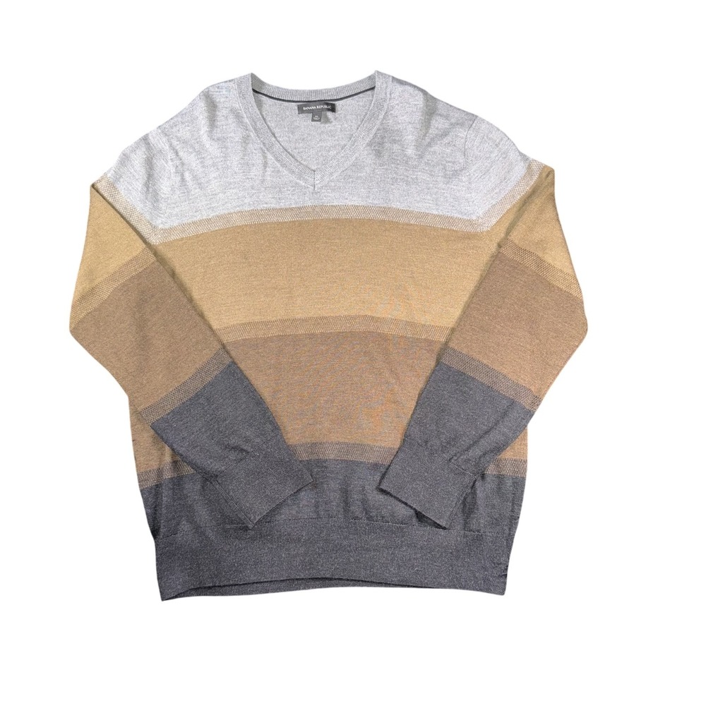 Banana Republic Sweater Mens XL Gray Brown Striped Merino Wool Blend Pullover
